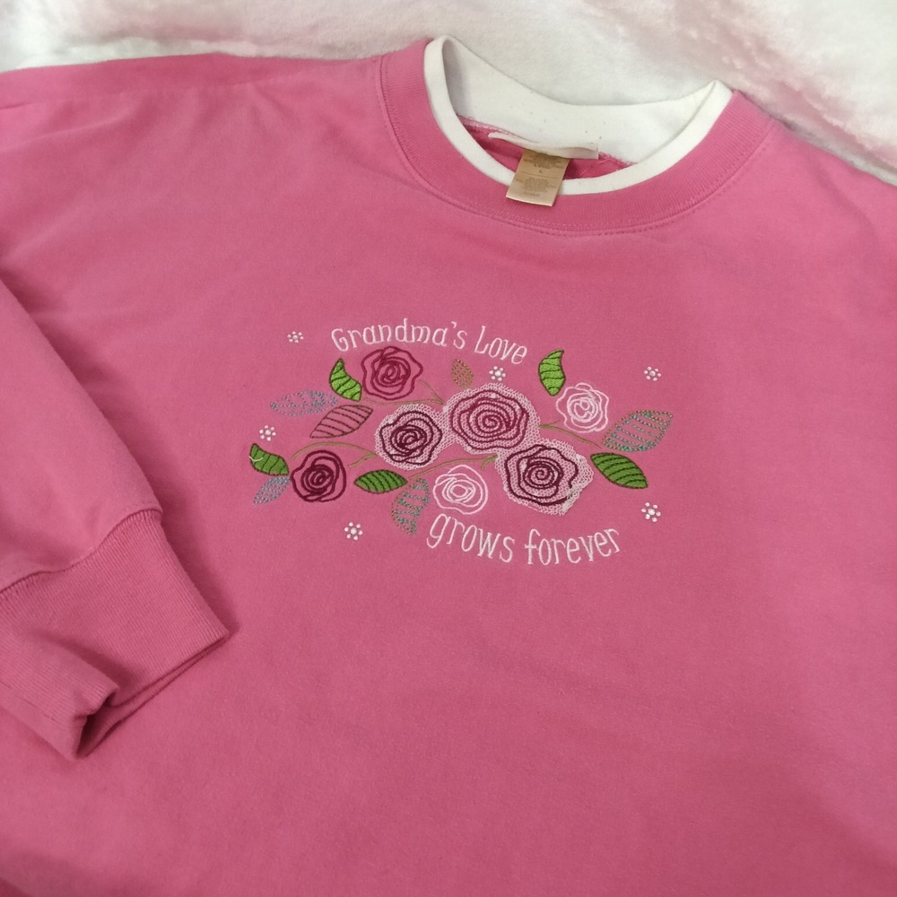 Vtg M&C Sportswear Pink Grandmas Love Grows Forever Embroidered Sweatshirt XL